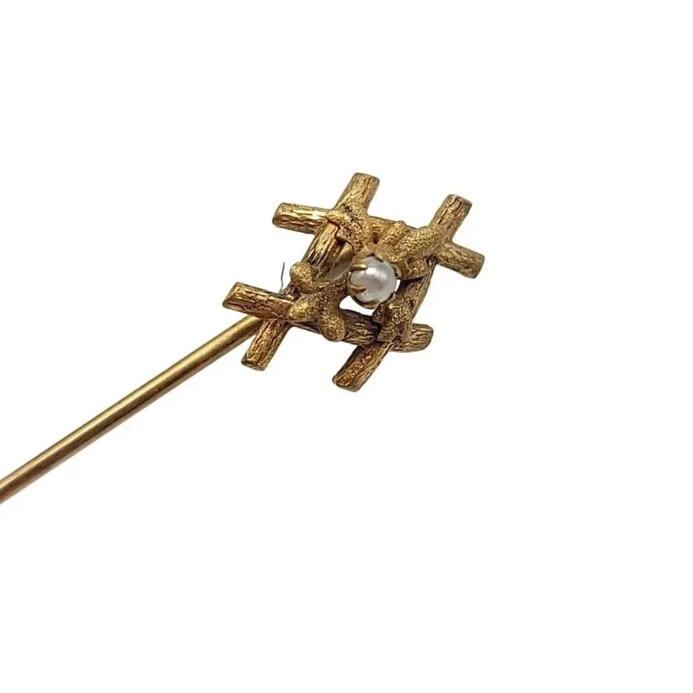 Faux Pearl Twig Gold Tone Stick Pin Vintage 2.25" Art Nouveau Style